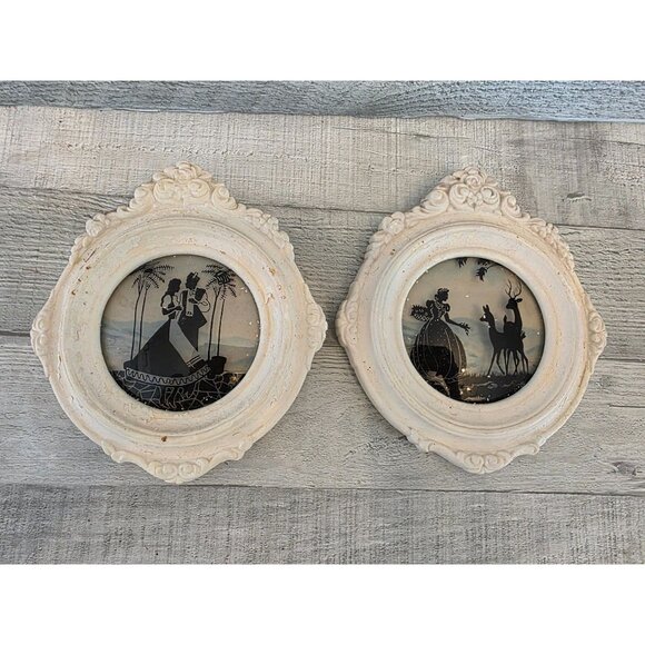 Vintage Oval Convex Reverse Painted Silhouette Wall Art Set Victorian - Picture 1 of 7